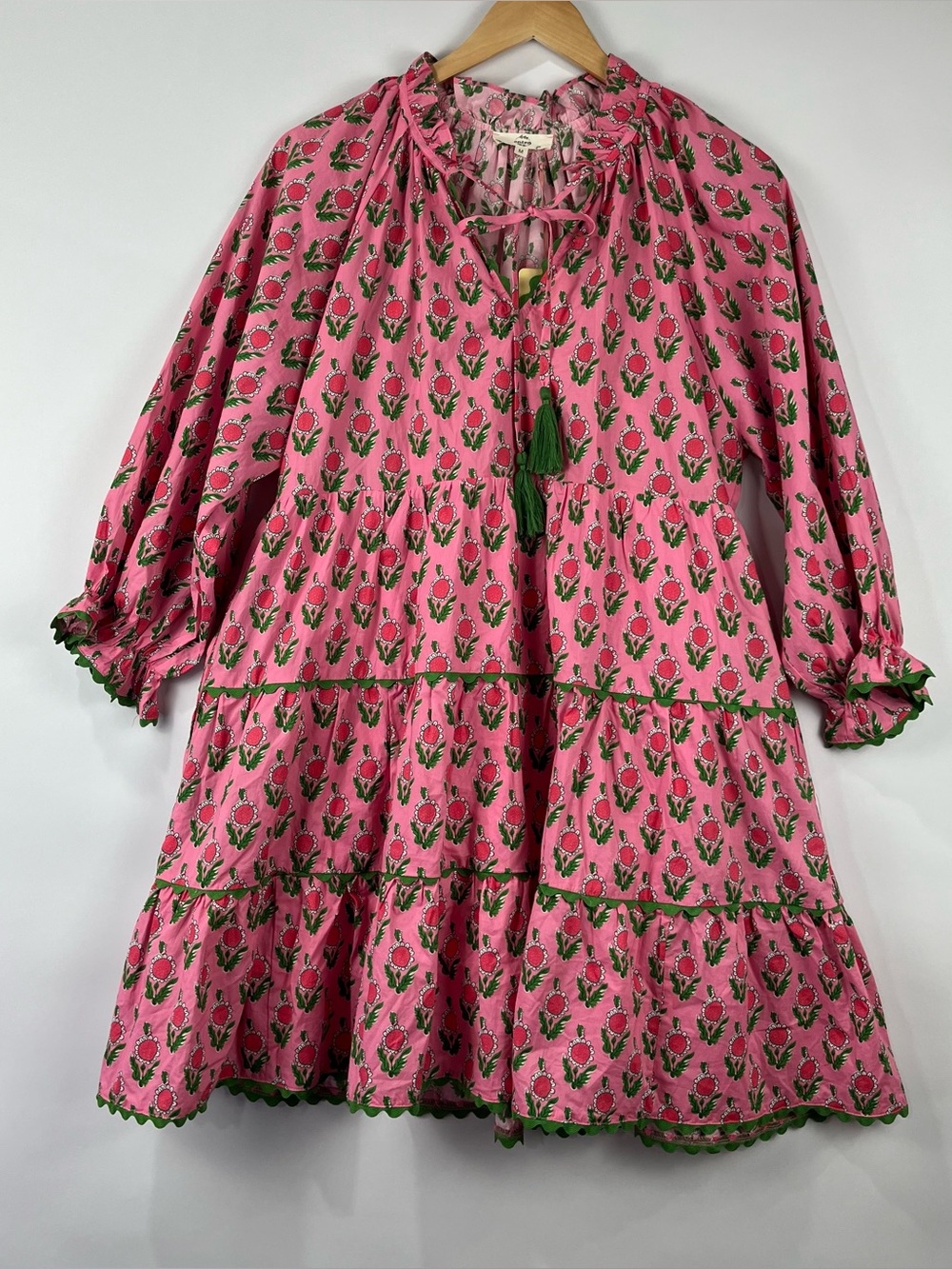 Entro 100% Cotton Tiered Mini Dress Pockets Tassel Tie Boho Cottagecore NWT - Picture 2 of 10